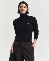 stretch cotton cable knit turtleneck sweater - black