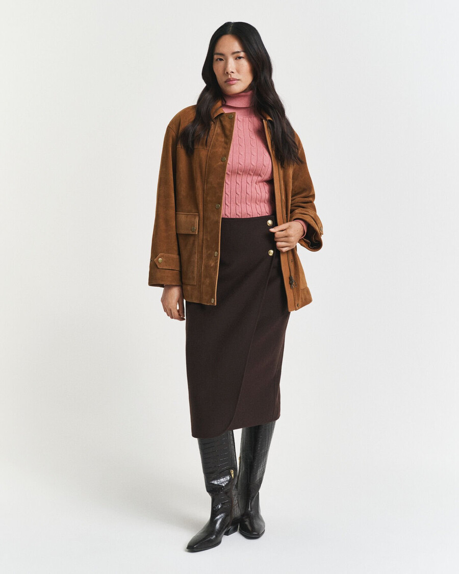 stretch cotton cable knit turtleneck sweater - faded brick