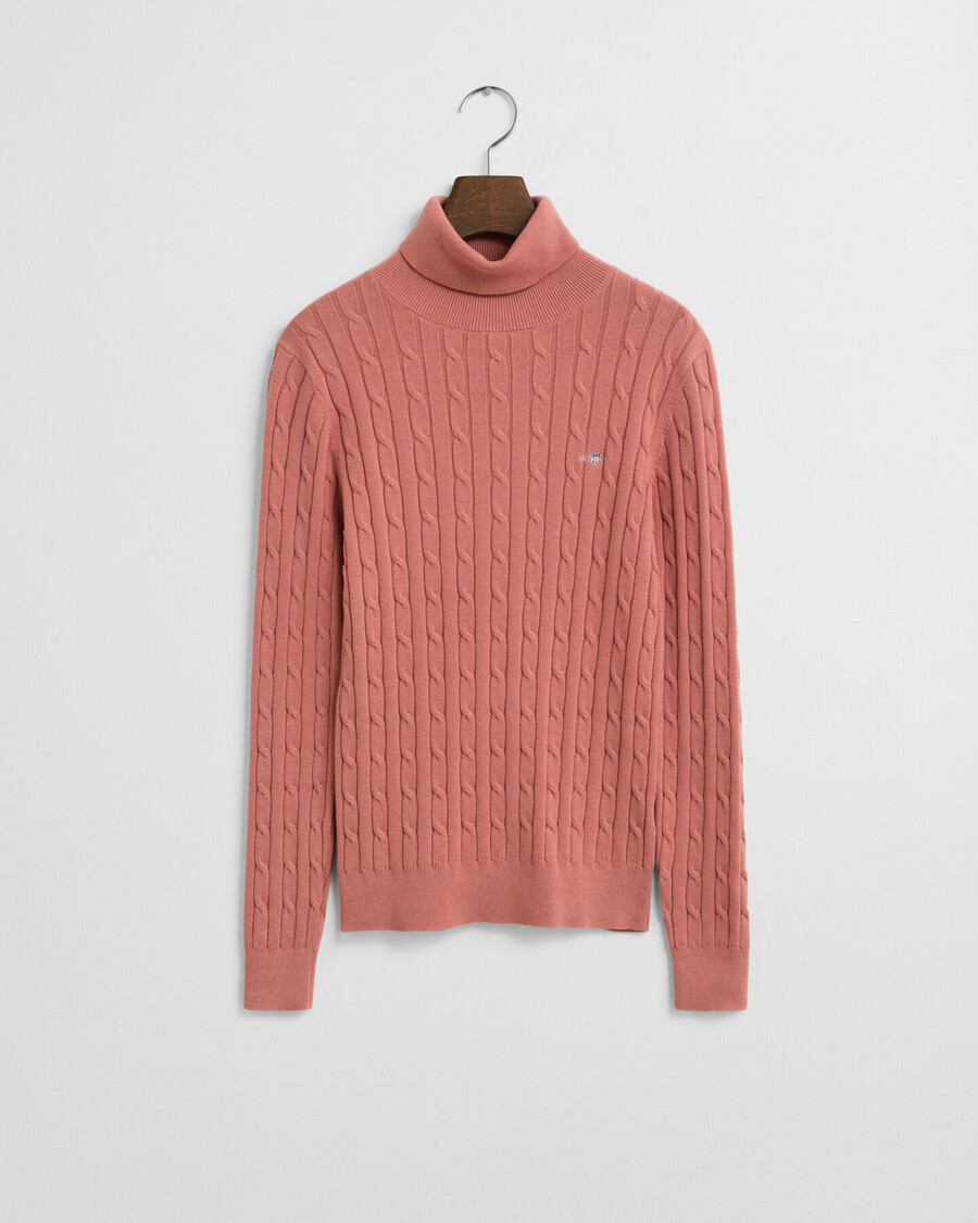 stretch cotton cable knit turtleneck sweater - faded brick