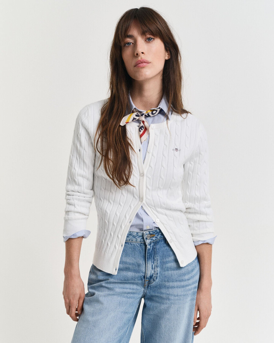 stretch cotton cable knit cardigan - eggshell