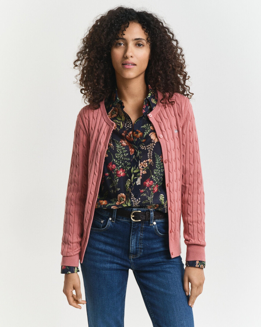 stretch cotton cable knit cardigan - faded brick