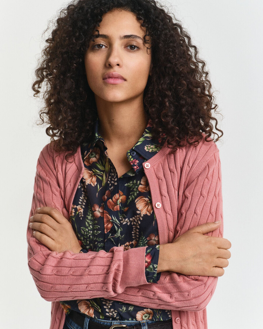 stretch cotton cable knit cardigan - faded brick
