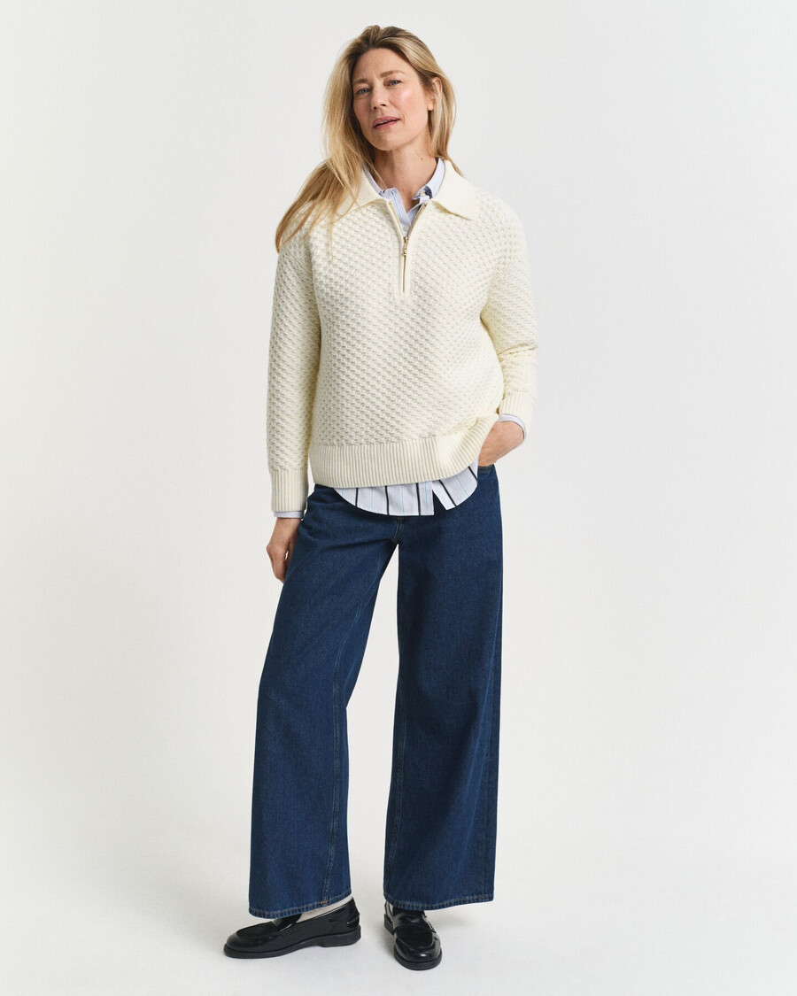 textured cotton halfzip sweater - cream