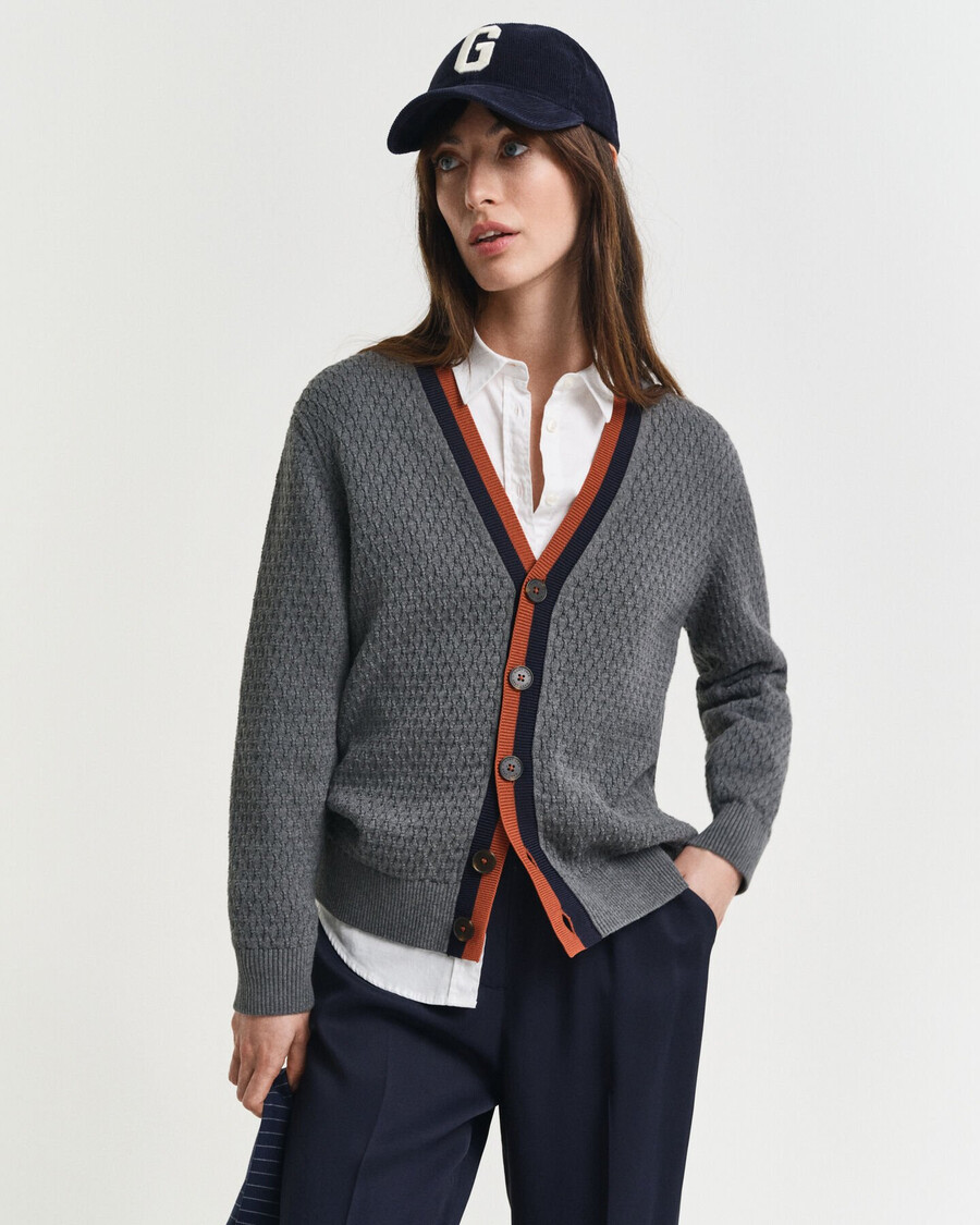 textured cotton contrast cardigan - charcoal melange