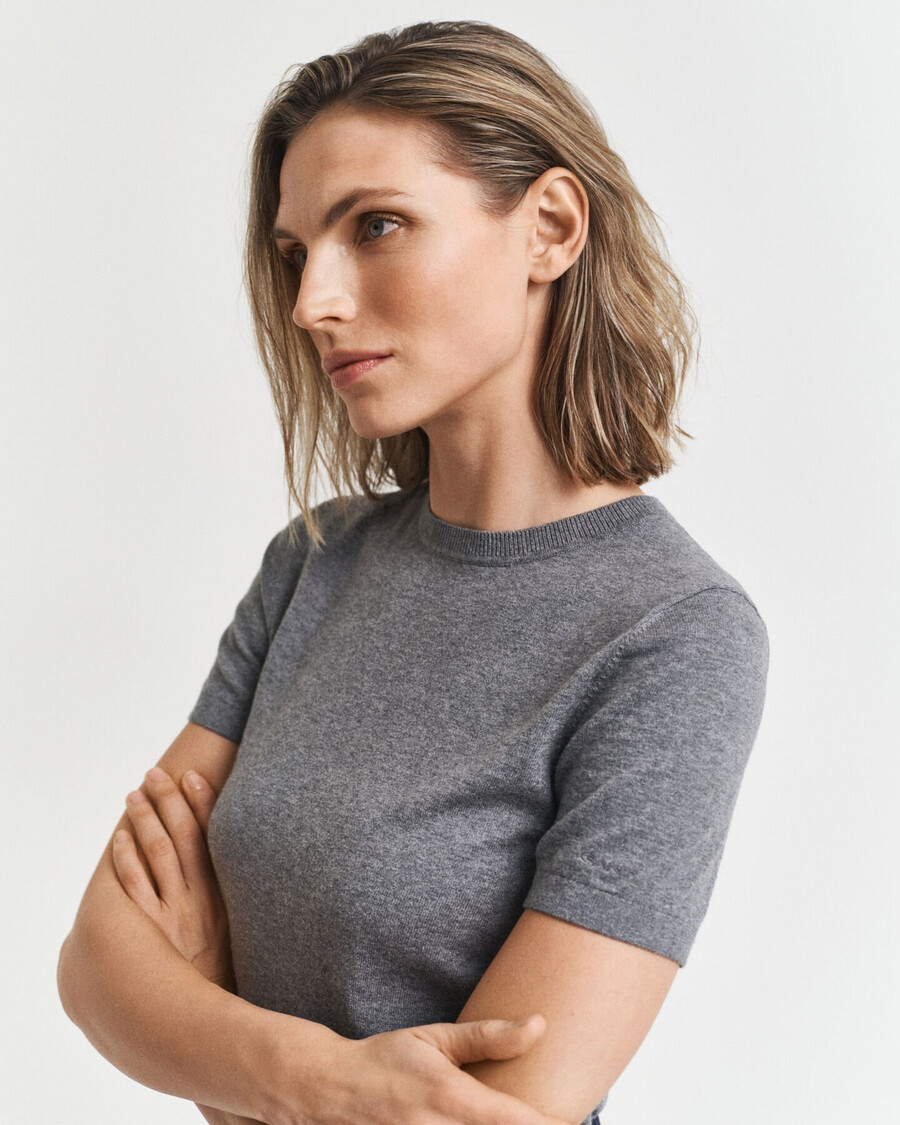 lightweight short sleeve crew neck sweater - charcoal melange