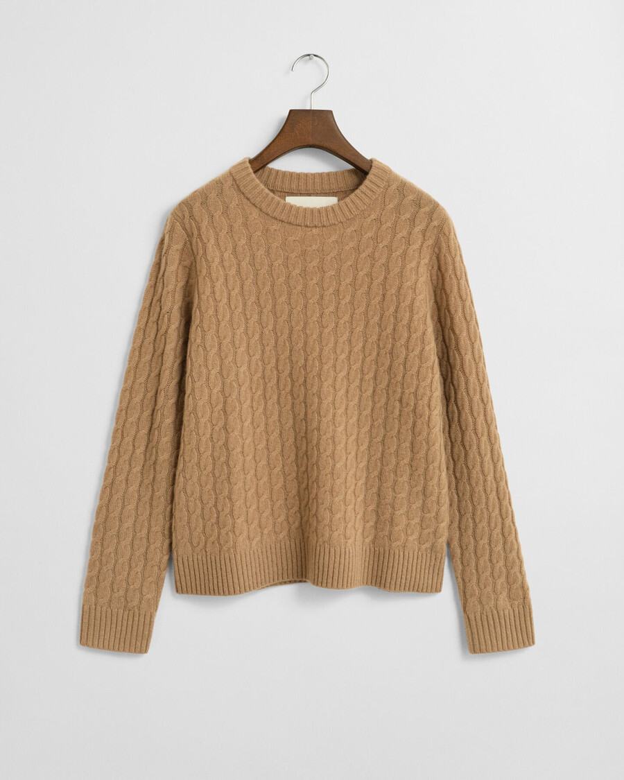 cashmere cable knit crew neck sweater - warm khaki