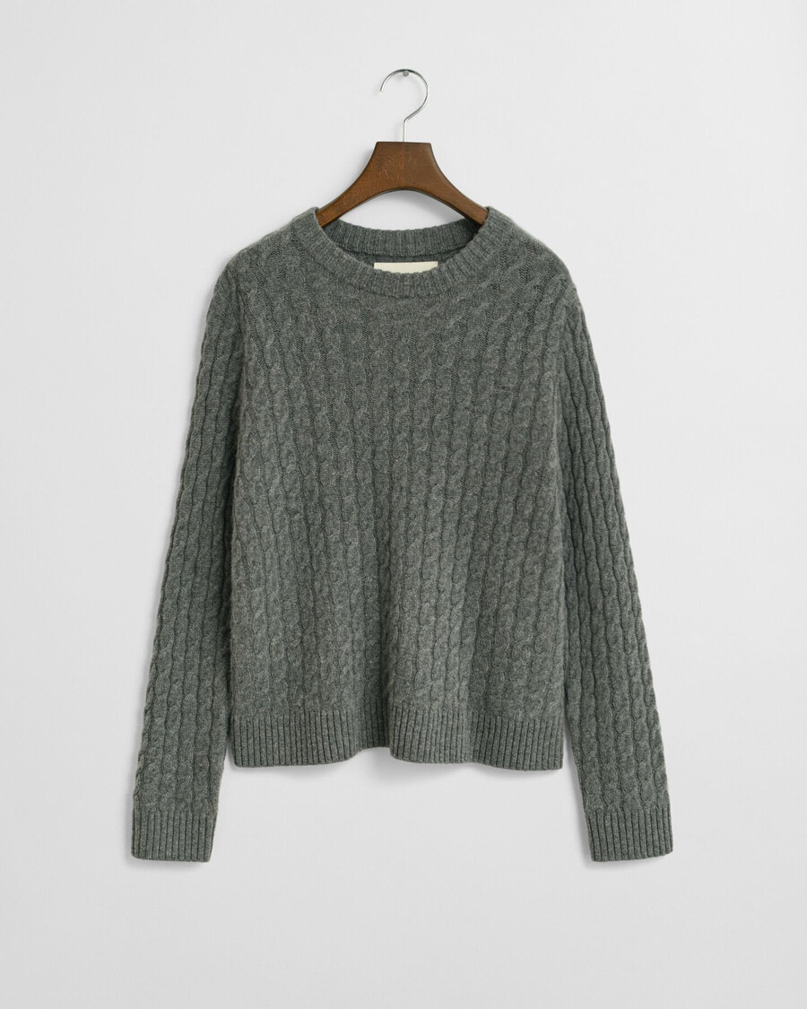 cashmere cable knit crew neck sweater - charcoal melange