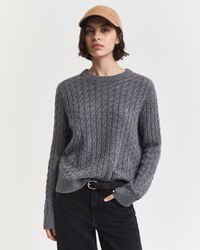 cashmere cable knit crew neck sweater - charcoal melange