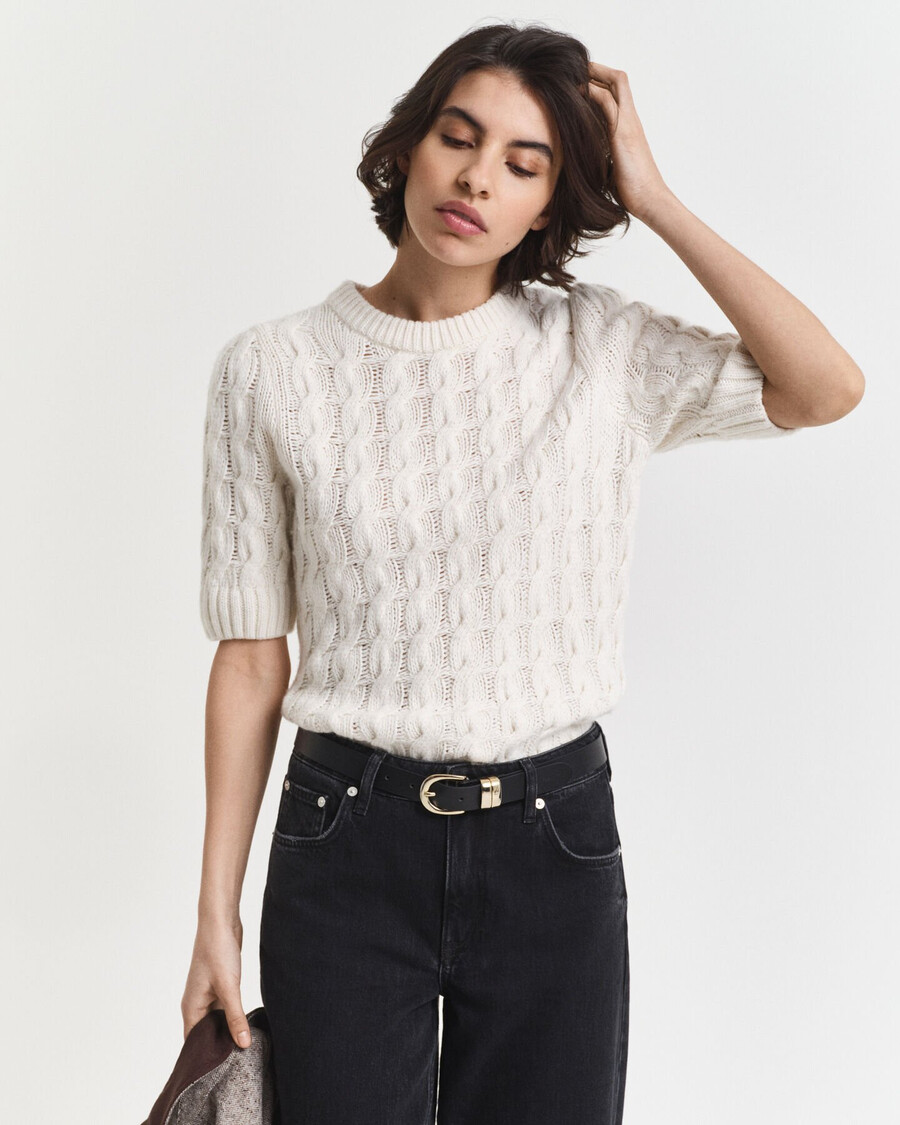 puff sleeve cable knit short sleeve top - cream