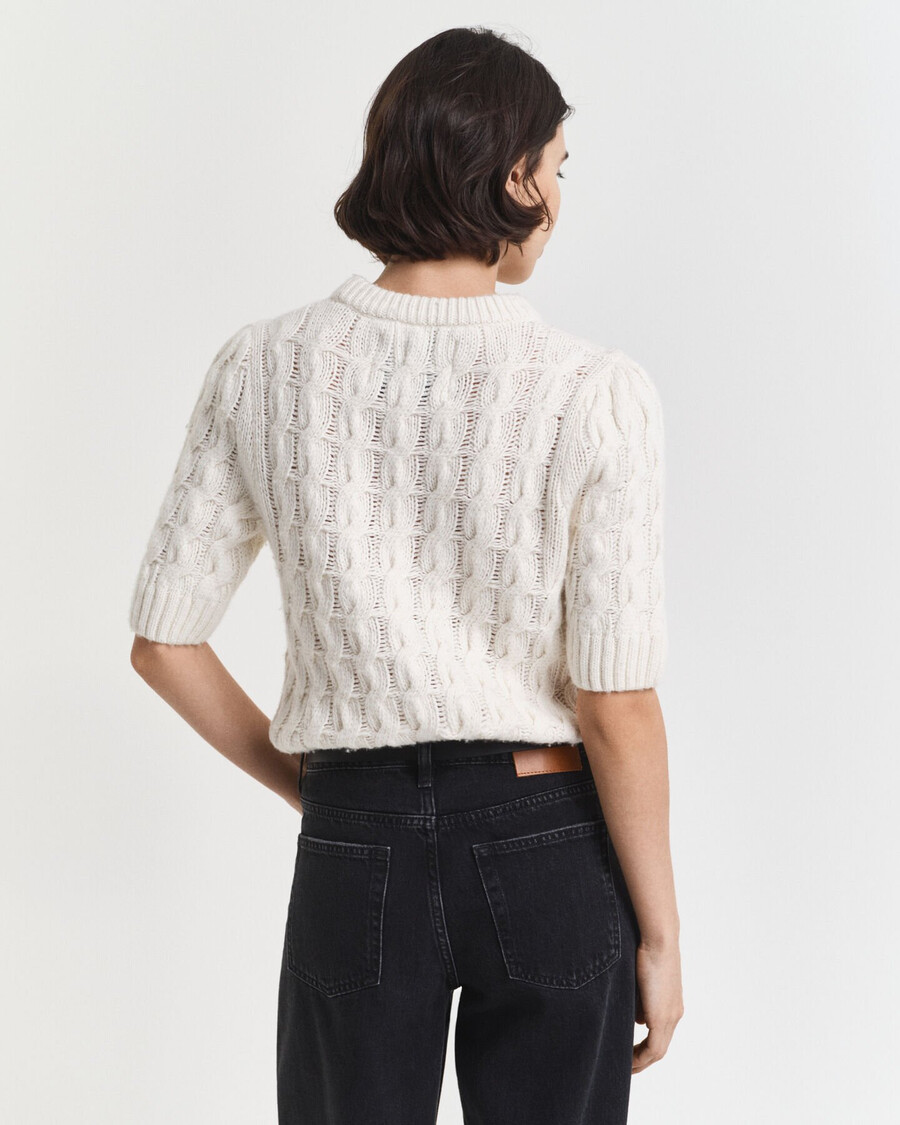 puff sleeve cable knit short sleeve top - cream
