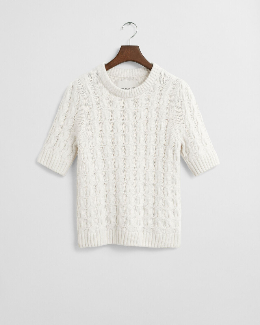 puff sleeve cable knit short sleeve top - cream