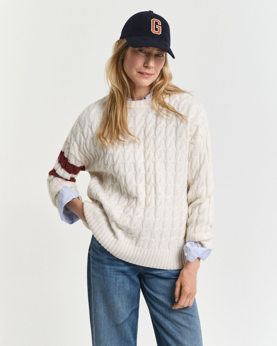 contrast striped cable knit crew neck sweater - cream