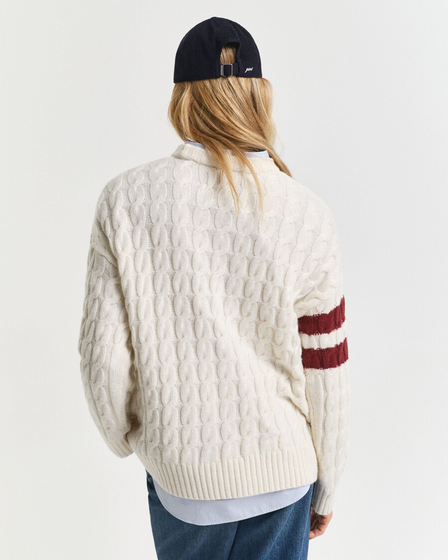 contrast striped cable knit crew neck sweater - cream