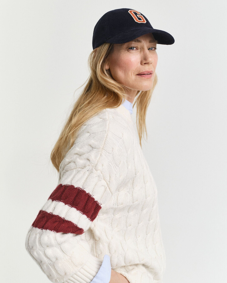 contrast striped cable knit crew neck sweater - cream