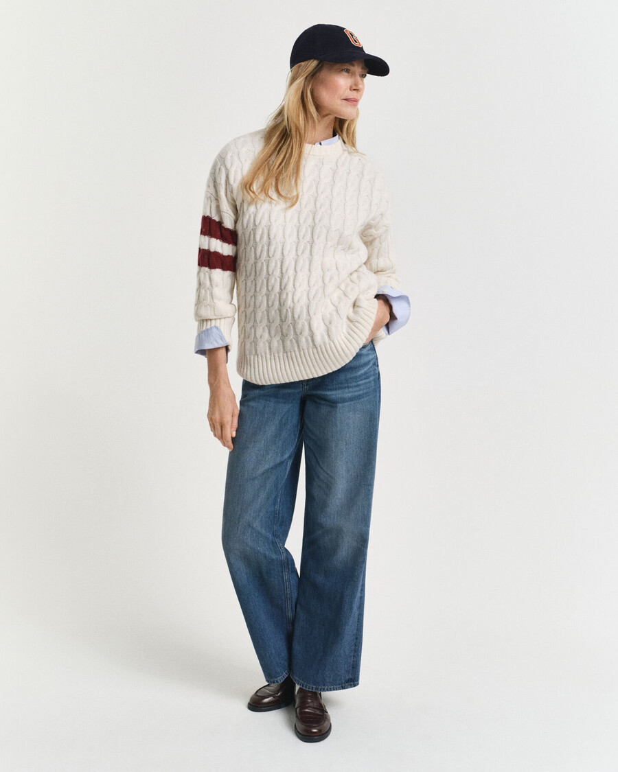 contrast striped cable knit crew neck sweater - cream