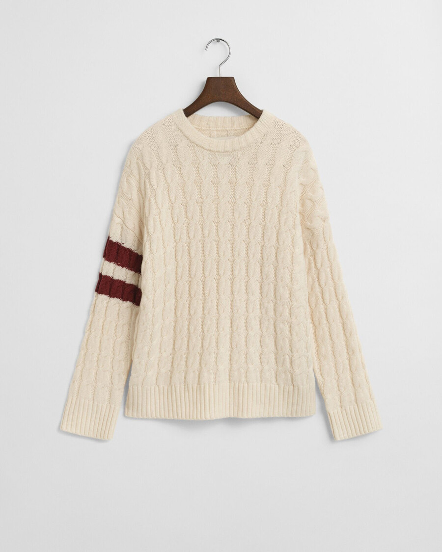contrast striped cable knit crew neck sweater - cream