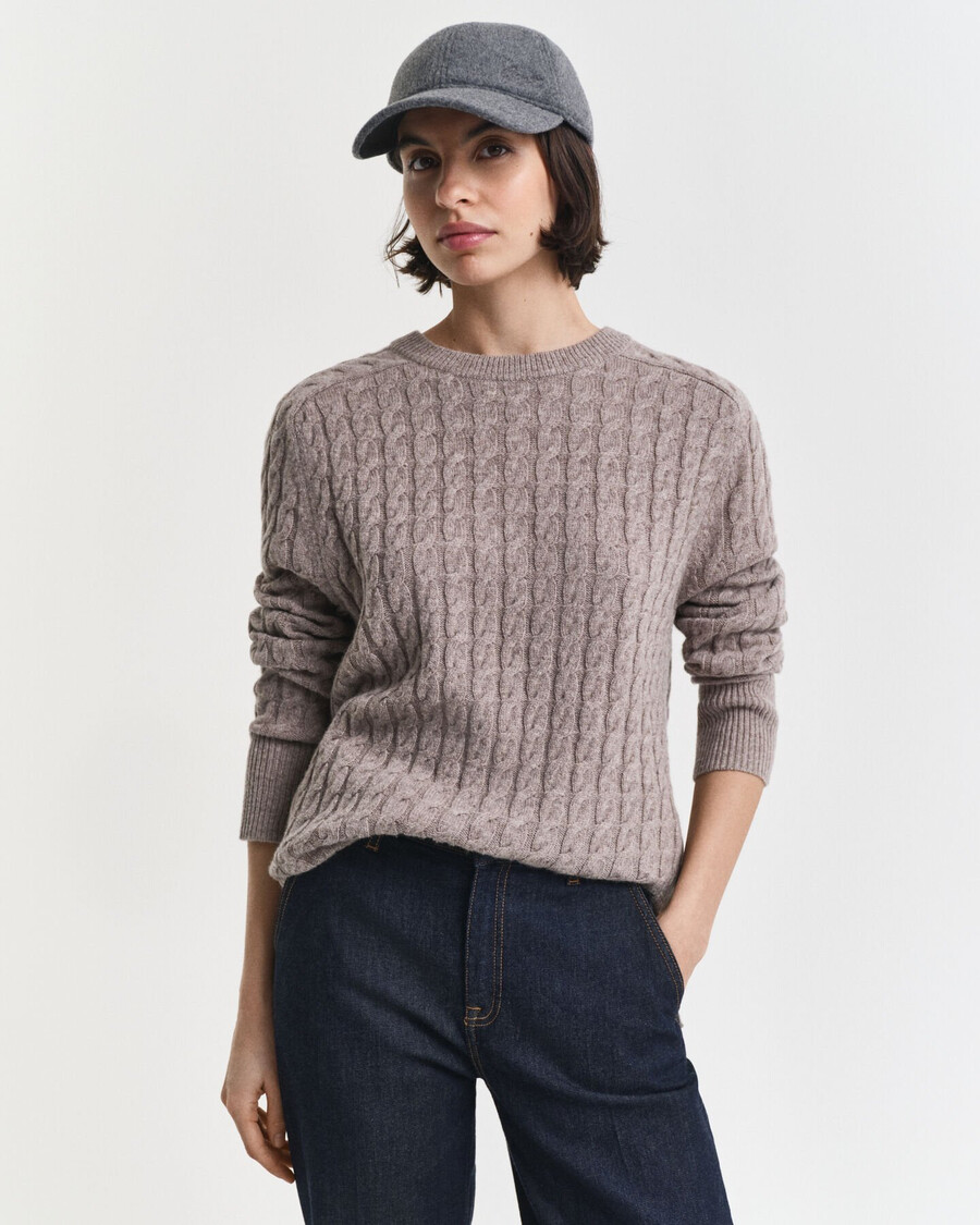 wool cable knit crew neck sweater - taupe beige