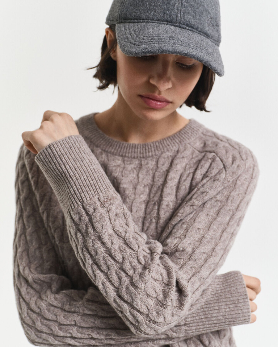 wool cable knit crew neck sweater - taupe beige