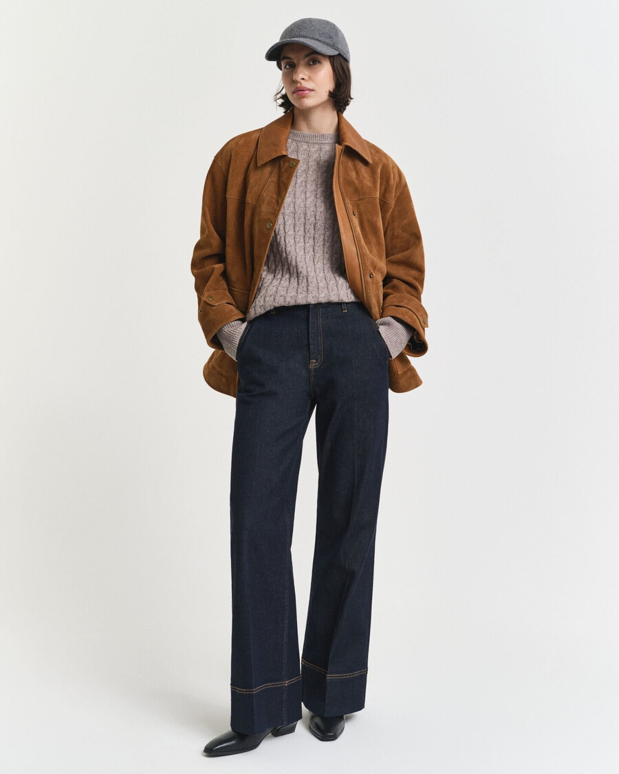 wool cable knit crew neck sweater - taupe beige