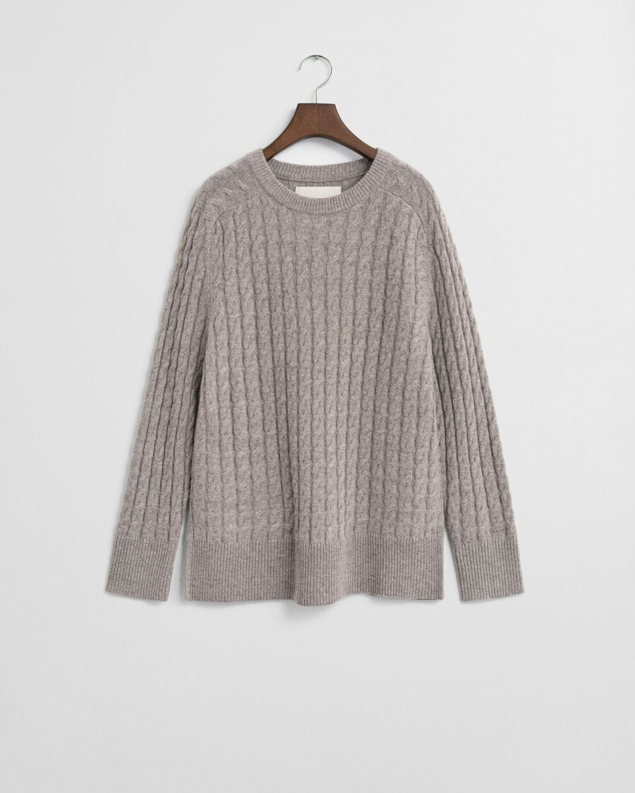 wool cable knit crew neck sweater - taupe beige