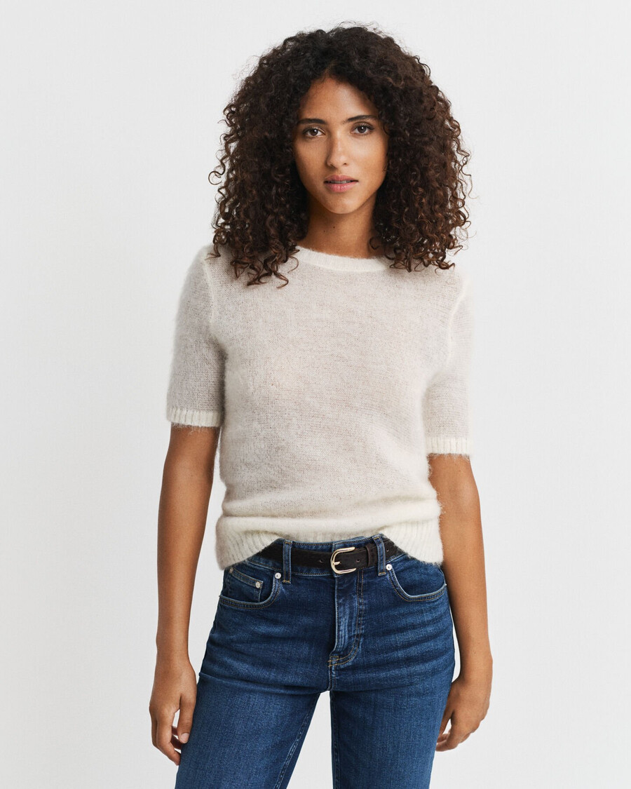 mohair blend short sleeve crew neck sweater - cream