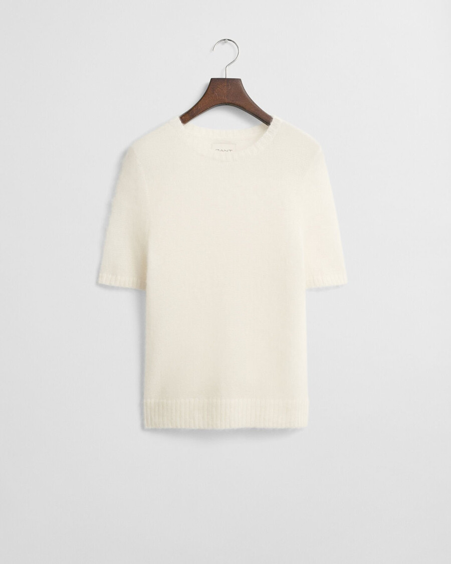 mohair blend short sleeve crew neck sweater - cream