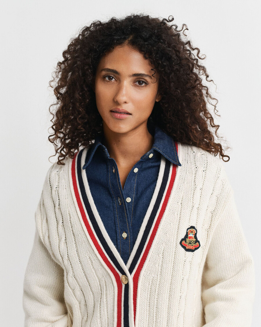 varsity cable knit vneck cardigan - cream