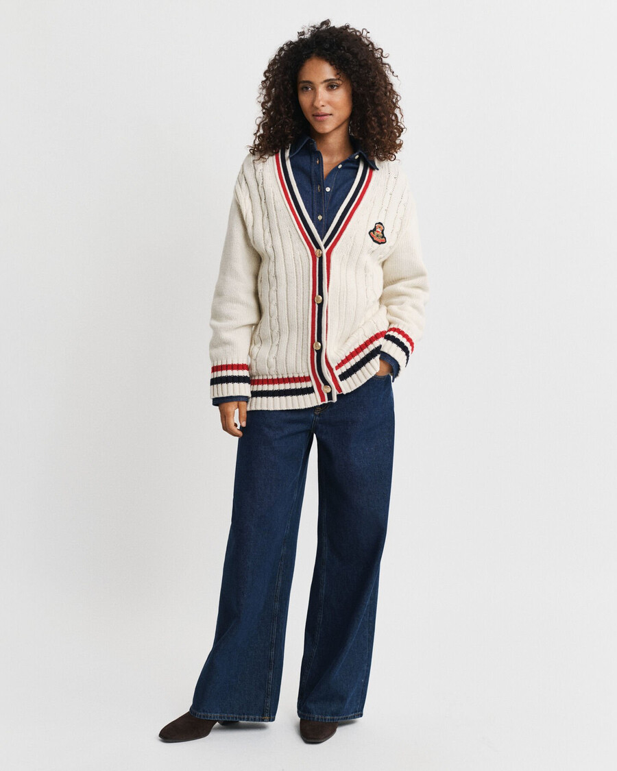 varsity cable knit vneck cardigan - cream
