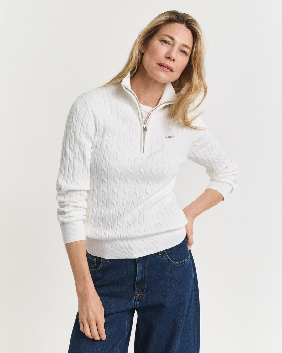 stretch cotton cable knit halfzip sweater - eggshell