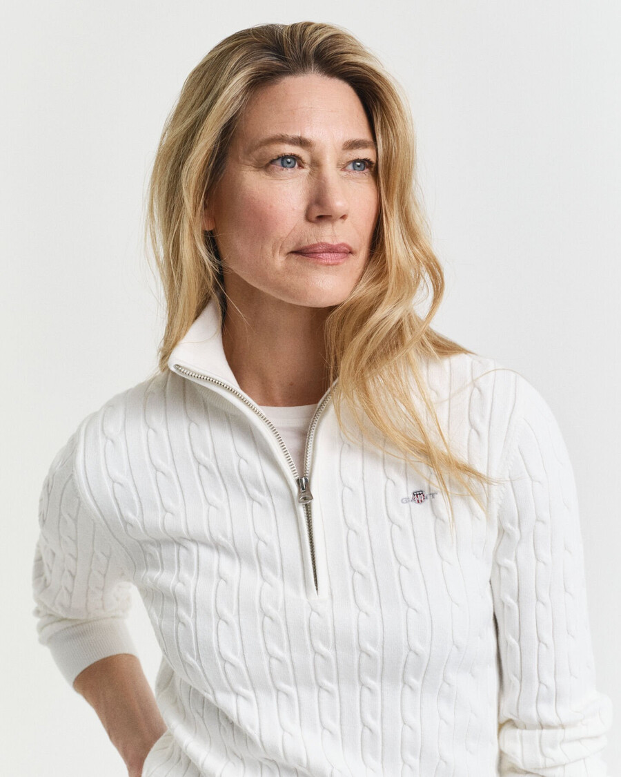 stretch cotton cable knit halfzip sweater - eggshell