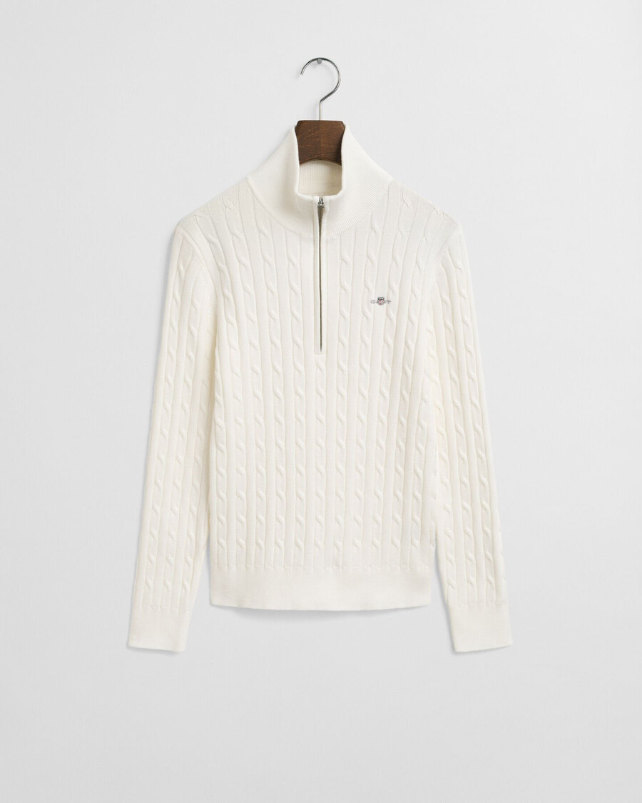 stretch cotton cable knit halfzip sweater - eggshell