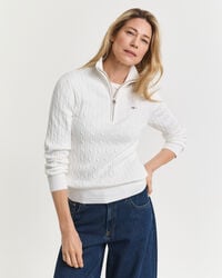 stretch cotton cable knit halfzip sweater - eggshell