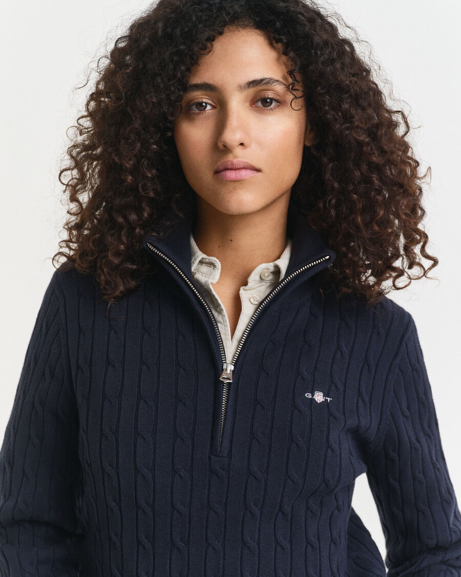 stretch cotton cable knit halfzip sweater - evening blue
