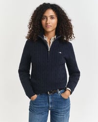 stretch cotton cable knit halfzip sweater - evening blue