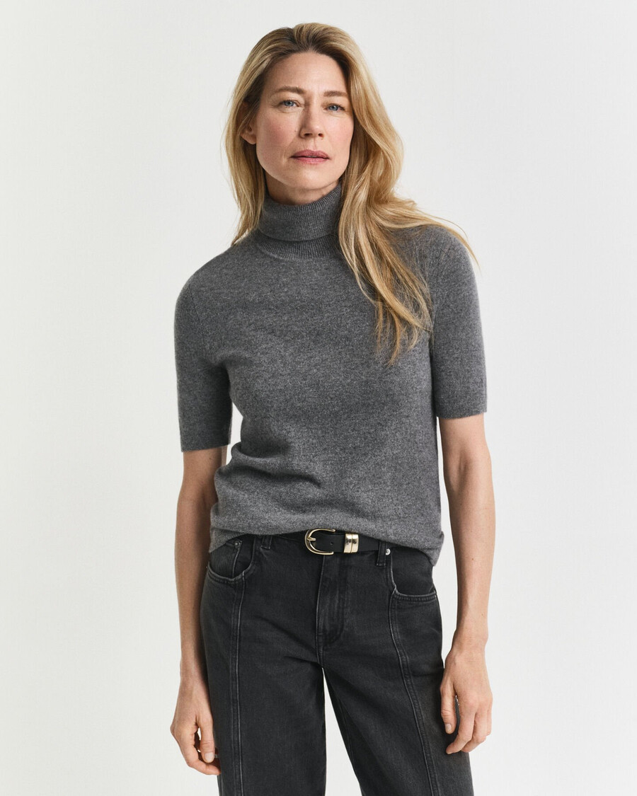short sleeved cashmere turtleneck sweater - charcoal melange