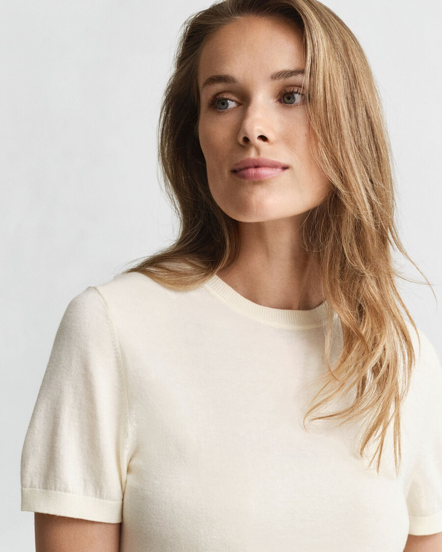 lightweight knit short sleeve crew neck sweater - cream