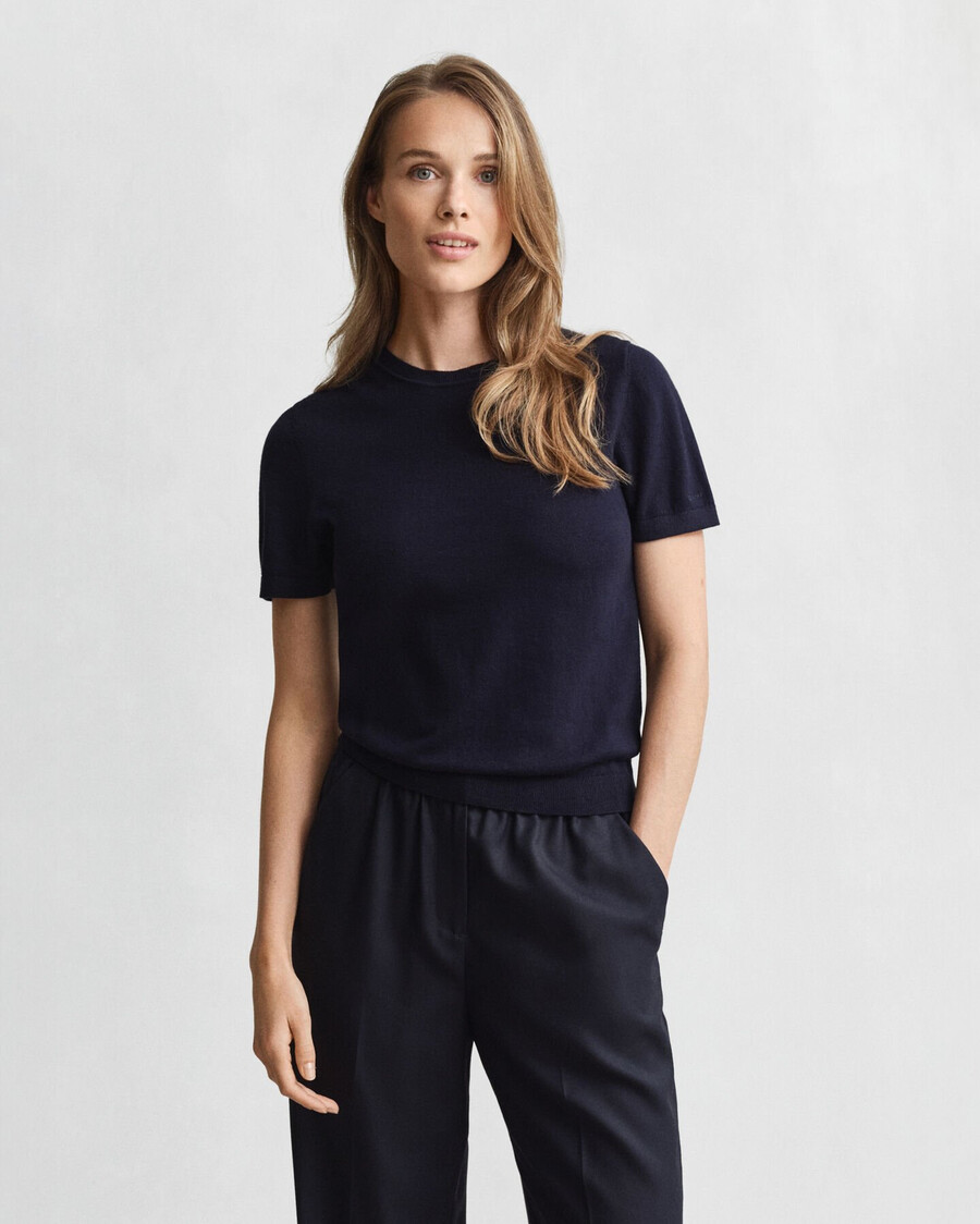 lightweight knit short sleeve crew neck sweater - evening blue
